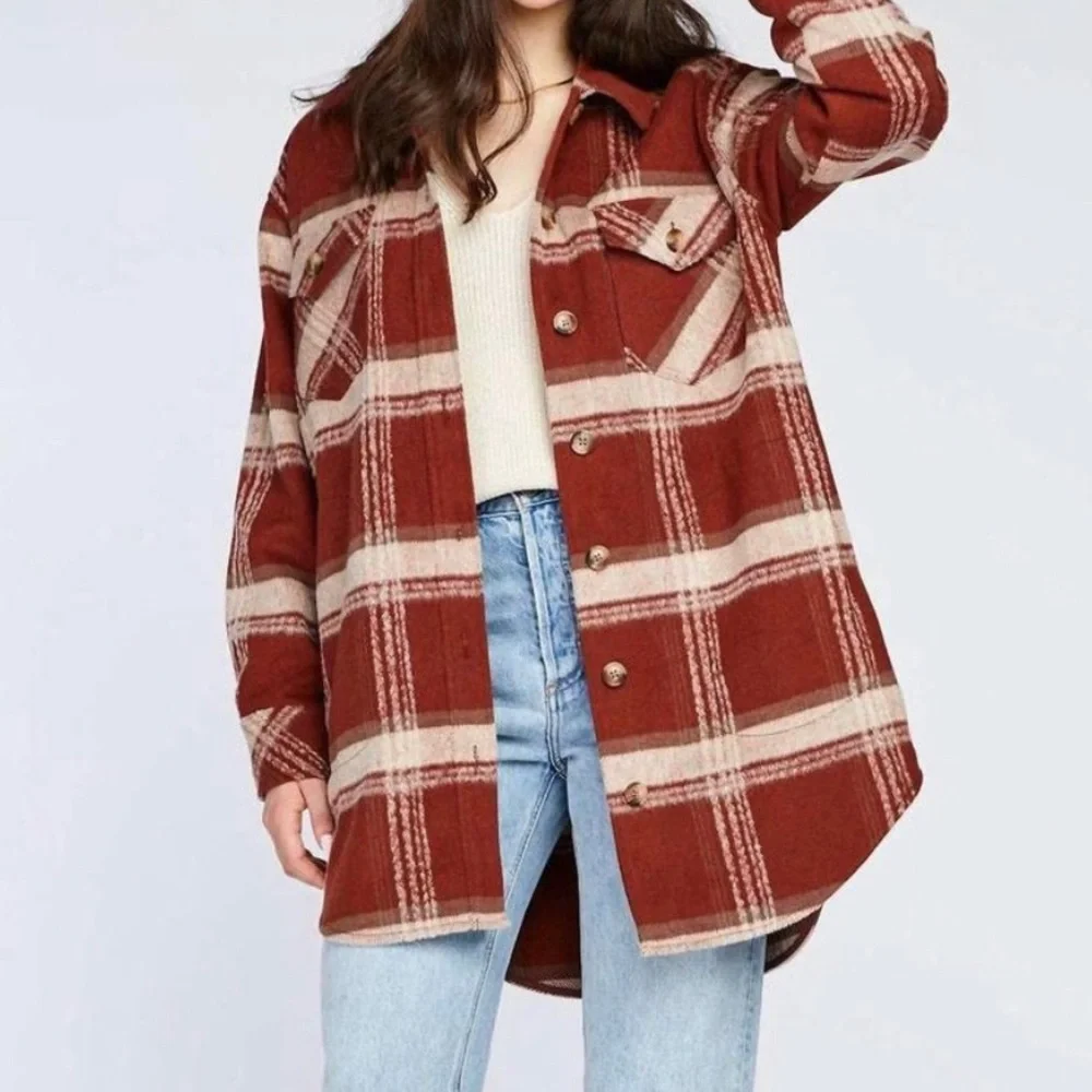 Gentle Fawn Leighton Jacket Red and Cream Plaid Flannel Button Up Long Shacket - Picture 2 of 9